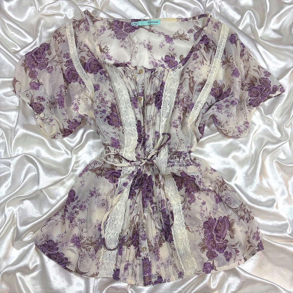 y2k Maurices Blouse Purple Excellent Floral Lace Trim Cinched Waist Top S